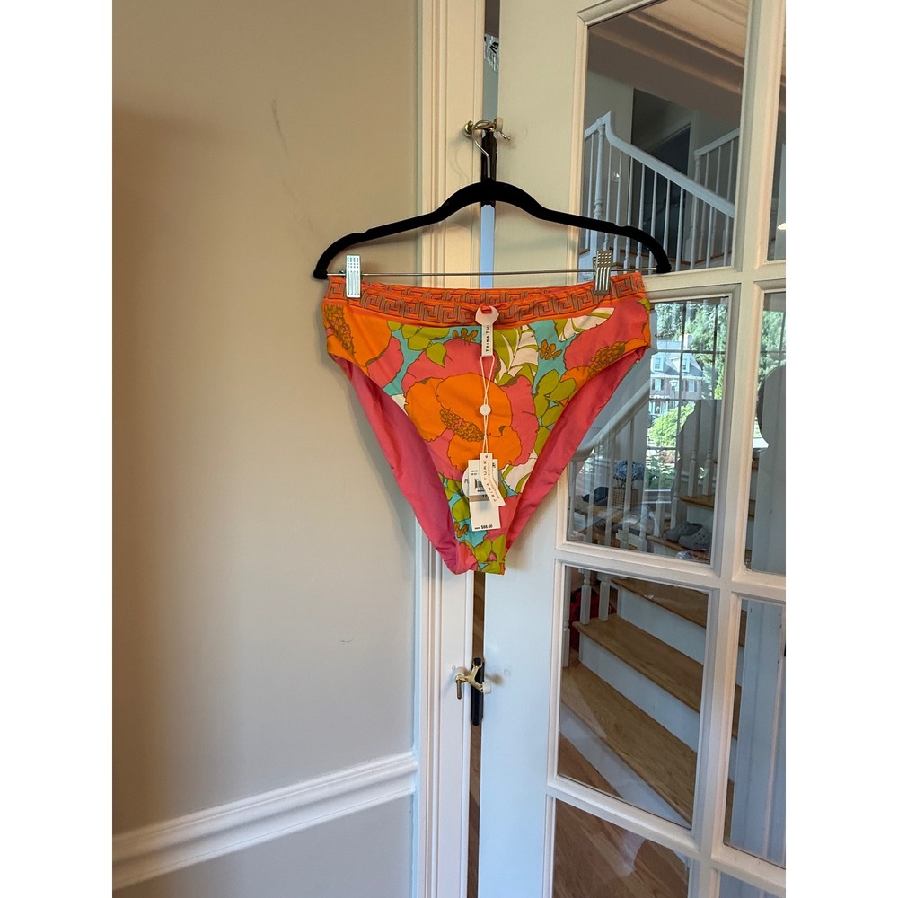 Trina Turk Women Reverse Hi Waist Floral Bikini Bottoms Pink Orange Teal Size 12
